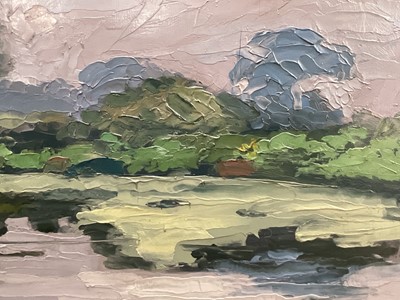 Lot 12 - English School, 20th century oil on board, river landscape, signed indistinctly, 50cm x 60cm, framed