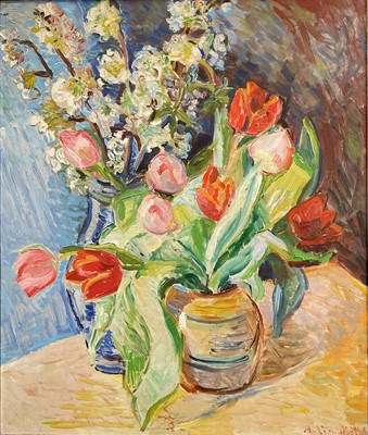 Lot 8 - A. Lindfield, 20th century oil on board, Tulips and Blossom, signed, 64cm x 53cm, framed