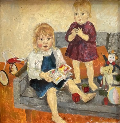 Lot 48 - Swedish School, oil on board, signed V. Gowland dated Nov. 1963, Two young girls with toys, 74cm x 74cm, framed