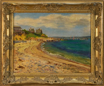 Lot 1029 - Christopher Richard Wynn Nevinson (1889-1946) oil on board, beach with wooden pier and sail boats, possibly New England, signed and dated (19)20, 34cm x 44cm, gilt frame