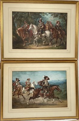 Lot 279 - Two English School watercolours, civil war era soldiers in pursuit, one indistinctly signed Cattermole, 27cm x 41cm, glazed frames