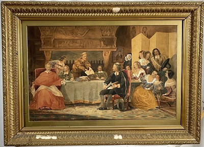 Lot 97 - Antique watercolour of figures in an interior, 34cm x 54cm, glazed gilt frame