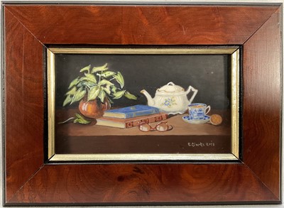 Lot 86 - Enid Clarke RMS (1919-2020) pair of miniature oils on panel depicting still life with objects and fruit 'Tea Break' and 'Ginger Jar and Fruit', together with copy of the original receipt of purc...