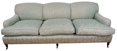 Lot 1296 - Good quality George Smith country house sofa, with undulating back, raised on turned legs and castors, upholstered in foliate silk damask