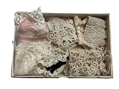Lot 2566 - Group of lace including salesman's samples, and a pair of Gold Cross 1940s shoes by United States Shoe Corp