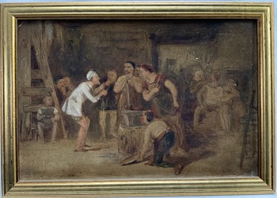 Lot 237 - Attributed to Thomas Webster (1800-1886) oil study on board with 'A barber telling news of Arthur's death', 21cm x 32cm, gilt frame
