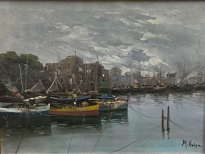 Lot 205 - Mario Volpe oil on canvas, Italian harbour, signed, 29cm x 40cm, glazed frame