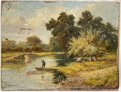 Lot 238 - S J Clarke oil on canvas River landscape with figure in a punt, signed, 30cm x 40cm, unframed