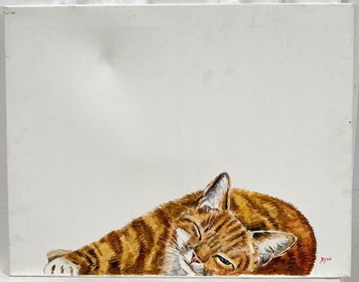 Lot 201 - John Ryan, acrylic on canvas, Cat Nap, signed, 40cm x 50cm, unframed