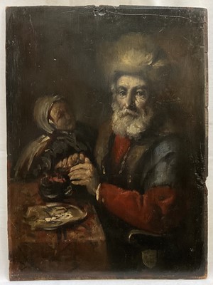 Lot 236 - Russian School, oil on panel, Man and child eating at a table, 37cm x 27cm, unframed