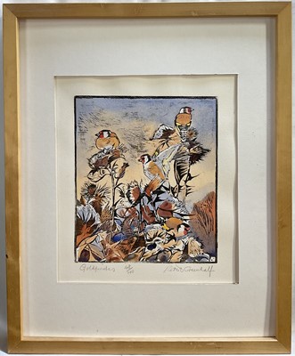 Lot 243 - Robert Greenhalf (b. 1950) signed limited edition linocut - Goldfinches 48/100, 26cm x 22cm, framed
