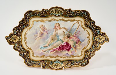 Lot 27 - Good quality late 19th century French champlevé enamel centrepiece with Paris porcelain