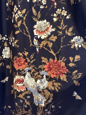 Lot 2571 - Two pairs of curtains, Chinese cloisonné inspired design on black ground, lined and interlined, measures 120cms across pinch pleat heading, drop 270cms. All approximate measures.