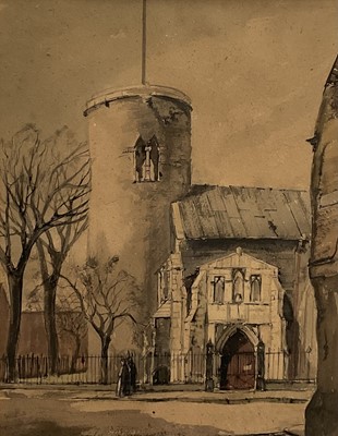 Lot 1209 - *Leslie Hardy Moore (1907-1997) ink and watercolour - Church of St. Mary Coslany, Norwich, signed, 36cm x 28cm, in glazed frame