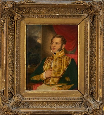 Lot 1174 - English School, early 19th century, pair of oils on board - Portraits of Lt. Gen. Sir George Inglis Jameson, in gilt frames