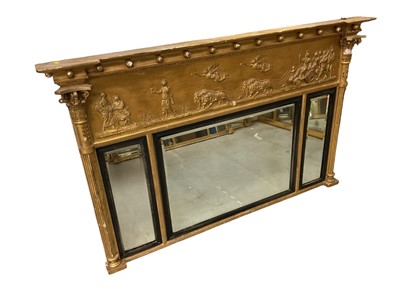 Lot 1460 - 19th century gilt overmantel mirror with triple mirrored panels, classical frieze flanked by columns
