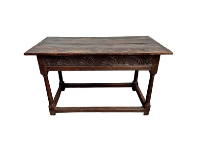 Lot 1410 - 17th century and later oak serving table with carved frieze, on turned legs joined by stretchers