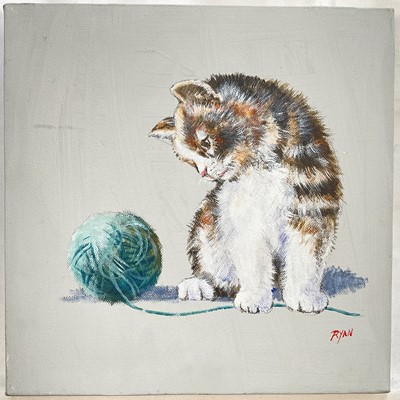 Lot 204 - John Ryan, acrylic, Kitten with a ball of wool, signed, 25 cm x 25cm, unframed