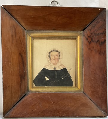 Lot 193 - English School, mid 19th century, portrait of a lady in white bonnet and black dress, 10 x 8cm, glazed mahogany frame