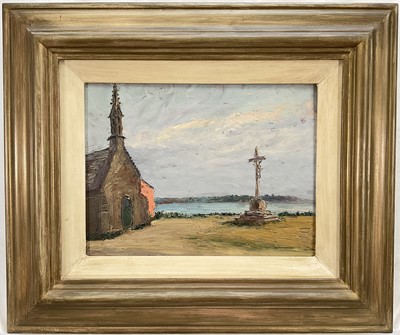 Lot 215 - Pietro Sansalvadore (1892-1955) oil on panel, La Chapel et la Croix, Concarneau, Brittany, pyrographed to rear on panel, 22 x 29cm, framed