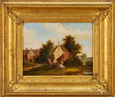 Lot 1370 - Attributed to Alfred George Stannard (1828-1885) oil on board - Cattle before Farmbuildings, in gilt frame