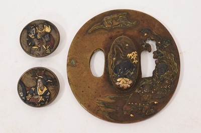Lot 709 - 19th century Japanese bronze and mixed metal tsuba and pair of accompanying sword mounts