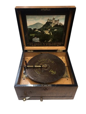 Lot 2938 - Antique cased polyphon, recently serviced, with a collection of discs in a wooden box