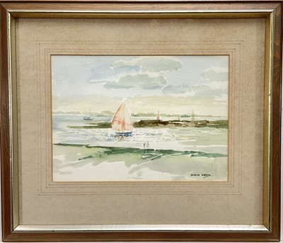 Lot 250 - David Wood (Scottish 1933-1996) two watercolours, Red Sail at Mersea and River Orwell, signed and titled, glazed frames