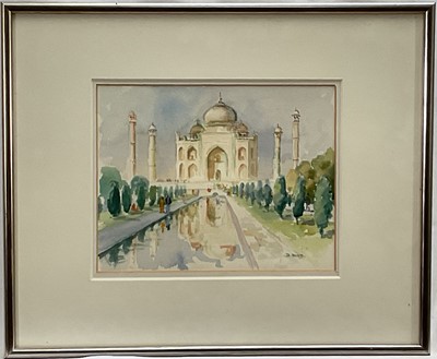 Lot 251 - David Wood (Scottish 1933-1996) watercolour, Evening Light Taj Mahal, signed, 20cm x 24cm, glazed frame