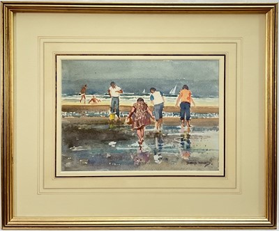 Lot 252 - David Wood (Scottish 1933-1996) watercolour, On the Beach, signed, 14cm x 20cm, glazed frame