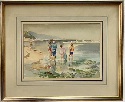 Lot 253 - David Wood (Scottish 1933-1996) watercolour, Paddling, signed, 17cm x 24cm, glazed frame