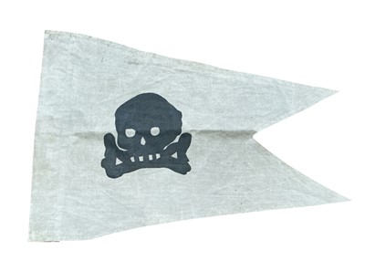 Lot 766 - Second World War Jolly Roger pirate flag / pennant printed onto a white background, with naming for H.M.S. Trident, 44.5cm in width.