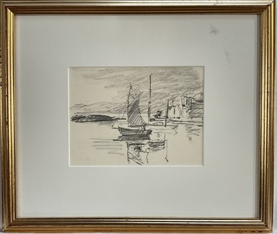 Lot 257 - David Wood (Scottish 1933-1996) two works, pencil sketch of sailing boat and watercolour of a harbour, glazed frames