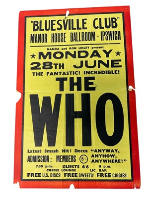 Lot 1144 - Rare early gig poster for The Who at Manor Ballroom Ipswich, circa 1965, 74 x 48cm