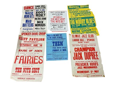 Lot 1143 - Group of 1960s local interest gig posters, including The Moody Blues at Royal Hotel, Lowestoft (a.f), Champion Jack Dupree at the Labour Hall, Ipswich, others. (6)