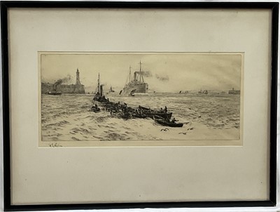 Lot 273 - William Lionel Wyllie (1851-1931) signed etching - Tynemouth, 16cm x 37.5cm, in glazed frame