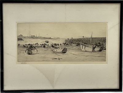 Lot 274 - William Lionel Wyllie (1851-1931) signed etching - Cullercoats Bay and Marconi Wireless Station, 16cm x 37.5cm, in glazed frame