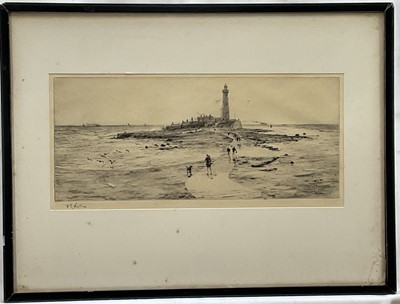Lot 275 - William Lionel Wyllie (1851-1931) signed etching - St Mary's Lighthouse, St Mary's Island Tyne and Wear, 16cm x 37.5cm, in glazed frame
