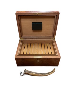 Lot 2929 - Burr wood humidor, another humidor and a horn cigar cutter