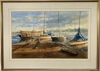Lot 297 - Peter Tomlin, watercolour - Wivenhoe Quay, signed, titled verso, 32cm x 50cm, glazed frame