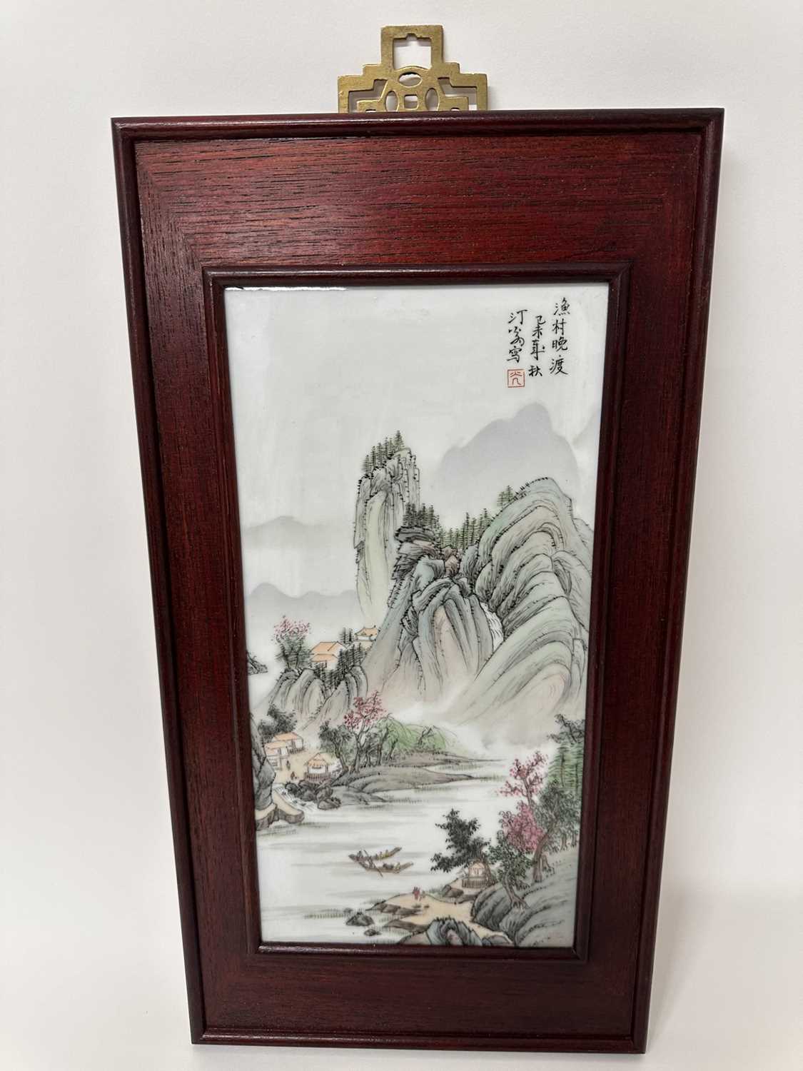 Lot 5013 - Chinese porcelain panel depicting a rocky river landscape, signed, framed with Singapore rearing label verso, panel 30cm x 15cm