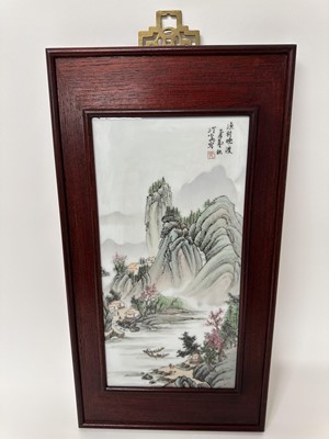 Lot 5013 - Chinese porcelain panel depicting a rocky river landscape, signed, framed with Singapore rearing label verso, panel 30cm x 15cm