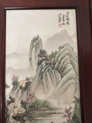 Lot 5013 - Chinese porcelain panel depicting a rocky river landscape, signed, framed with Singapore rearing label verso, panel 30cm x 15cm