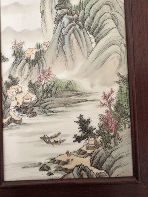 Lot 5013 - Chinese porcelain panel depicting a rocky river landscape, signed, framed with Singapore rearing label verso, panel 30cm x 15cm