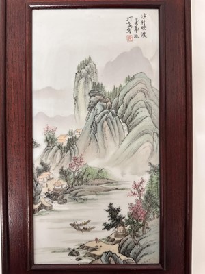 Lot 5013 - Chinese porcelain panel depicting a rocky river landscape, signed, framed with Singapore rearing label verso, panel 30cm x 15cm