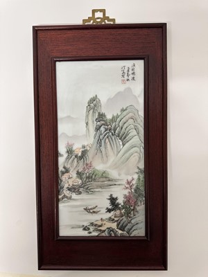 Lot 5013 - Chinese porcelain panel depicting a rocky river landscape, signed, framed with Singapore rearing label verso, panel 30cm x 15cm
