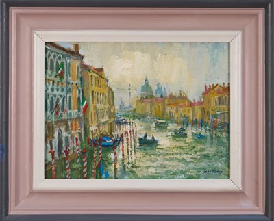 Lot 1179 - *Ian Hay (b. 1940) oil on canvas, ‘Foggy Day Grande Canal Venice’, signed, 23cm x 30cm, framed