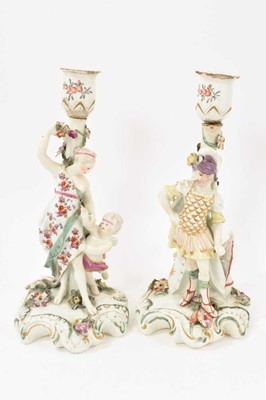Lot 36 - Pair of 18th century Derby porcelain figural candlesticks of Venus and Mars.