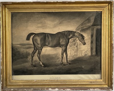 Lot 170 - 18th century engraving, Soldier a bay hunter, 33 x 45cm in gilt frame.