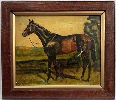 Lot 265 - A V Audrey, 20th century, oil on board, Bay Hunter in a Field,19 x 23cm, framed